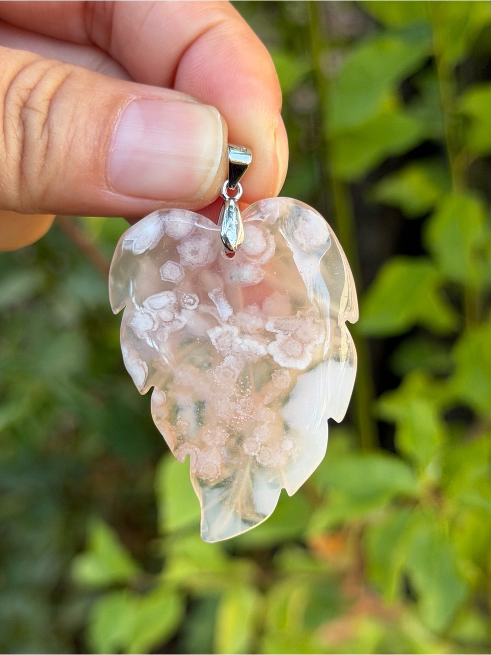 Sterling Silver Hand-Carved Flower Agate Leaf Pendant 1914